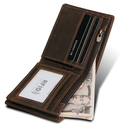 Men's RFID Blocking Crazy-Horse Leather Wallet in Brown – Open View Showing Card Slots, Zip Coin Pocket and ID Window | Avenue
