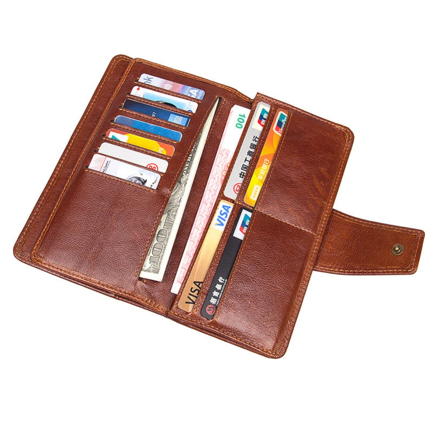 Men's premium RFID protected Maroon long leather wallet fully opened displaying cash in compartment,and cards in slots functional view | Avenue