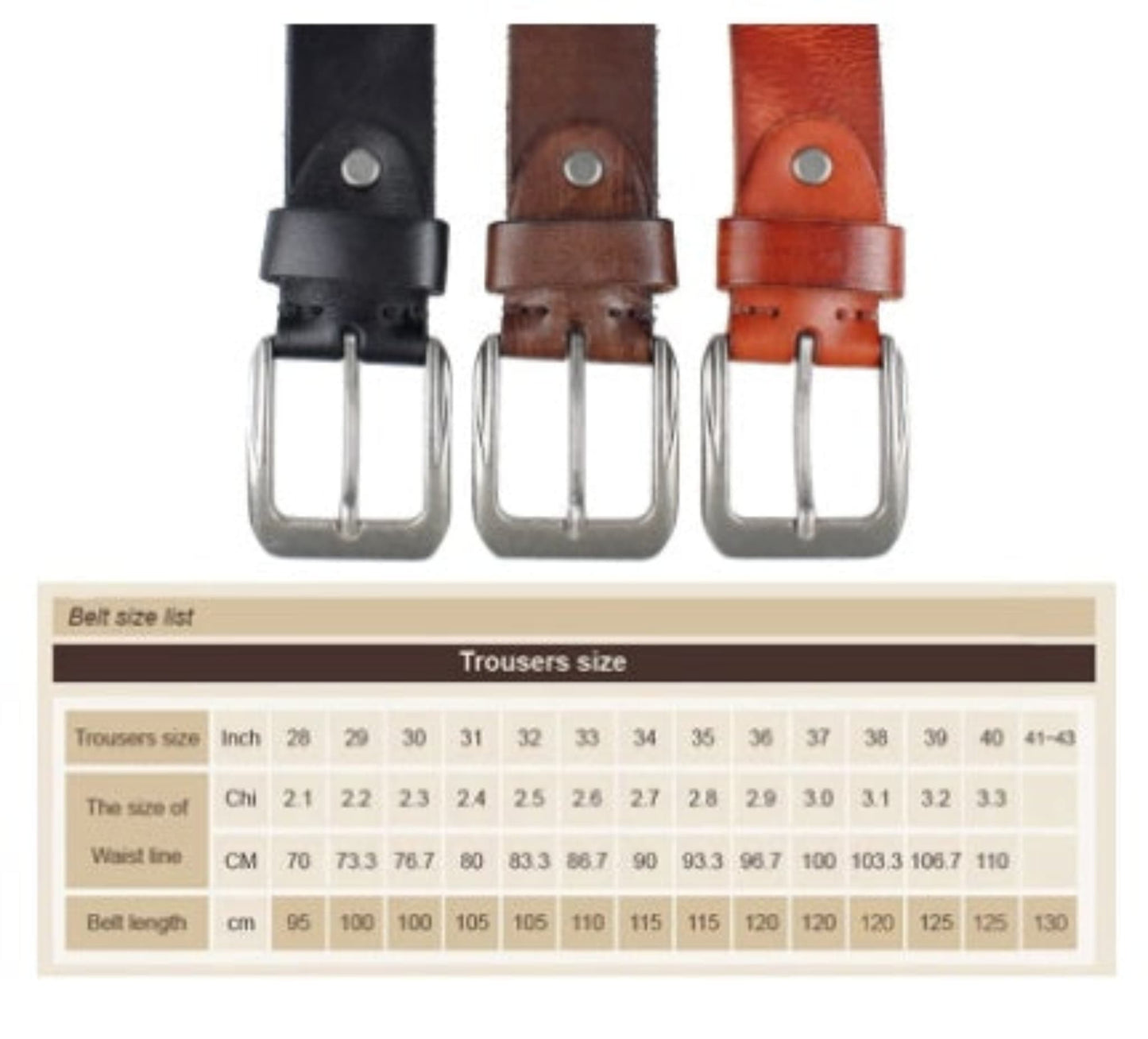 Men's Genuine Leather Pin Buckle Belt — buckle close-up in Black, Yellowish Brown and coffee with belt size guide chart showing trouser sizes 28–43 inches | Avenue