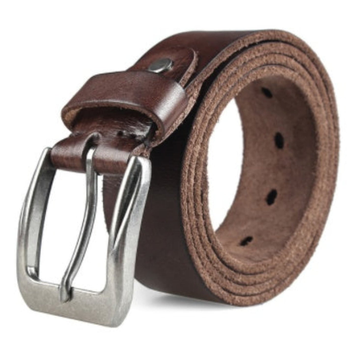 Men's Genuine Leather Pin Buckle Belt in Yellowish Brown — coiled view showing outer grain leather, inner suede texture, belt holes, and silver pin buckle on white background | Avenue
