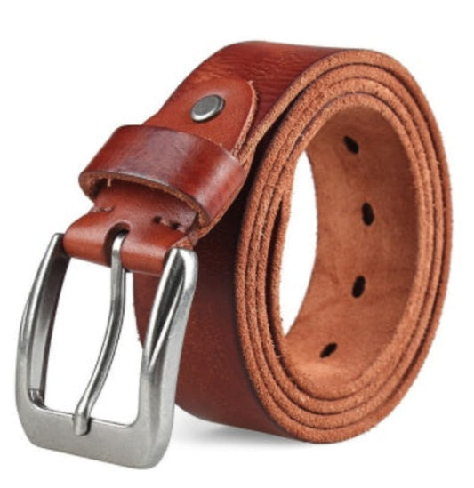 Men's Genuine Leather Pin Buckle Belt in Coffee — coiled view showing outer grain leather, inner suede texture, belt holes, and silver pin buckle on white background | Avenue