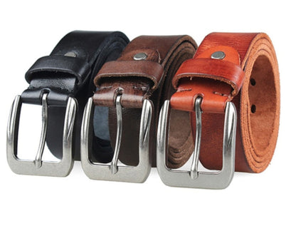 Men's Genuine Leather Pin Buckle Belt — all 3 colors: Black, Yellowish Brown and Coffee with silver pin buckles on white background | Avenue