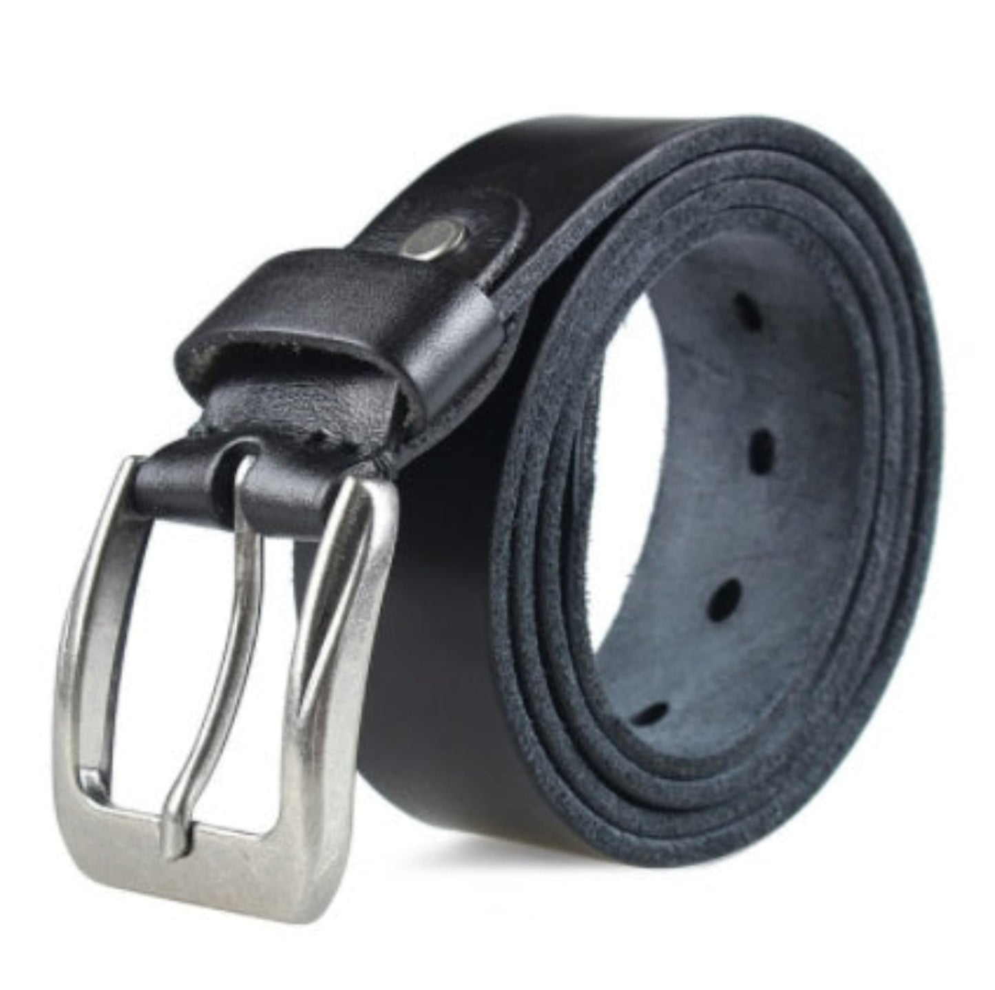 Men's Genuine Leather Pin Buckle Belt in Black — coiled view showing outer grain leather, inner suede texture, belt holes, and silver pin buckle on white background | Avenue
