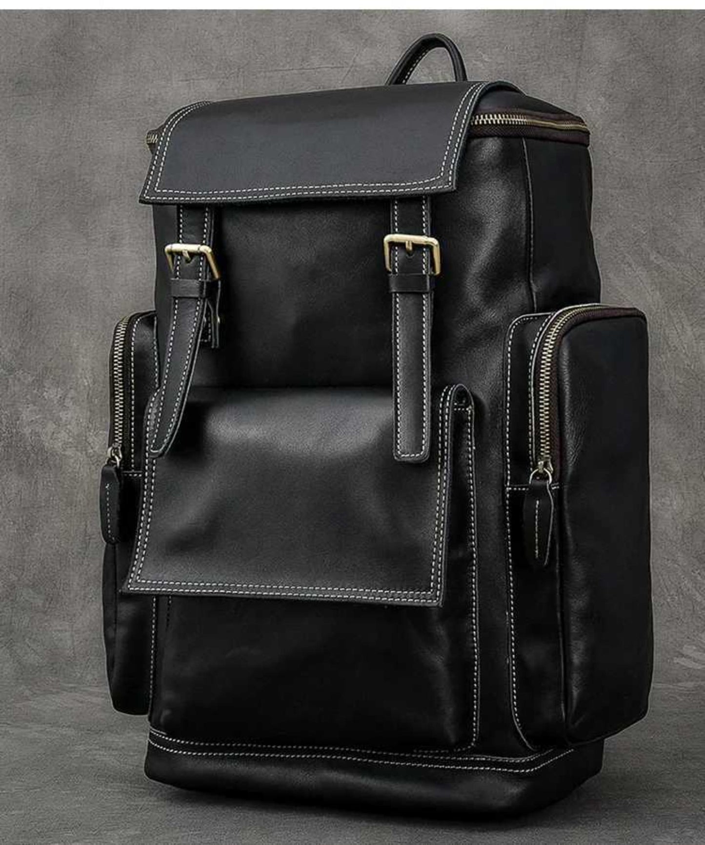 Retro crazy horse leather Men's laptop backpack large capacity in black on grey background – front view | Avenue