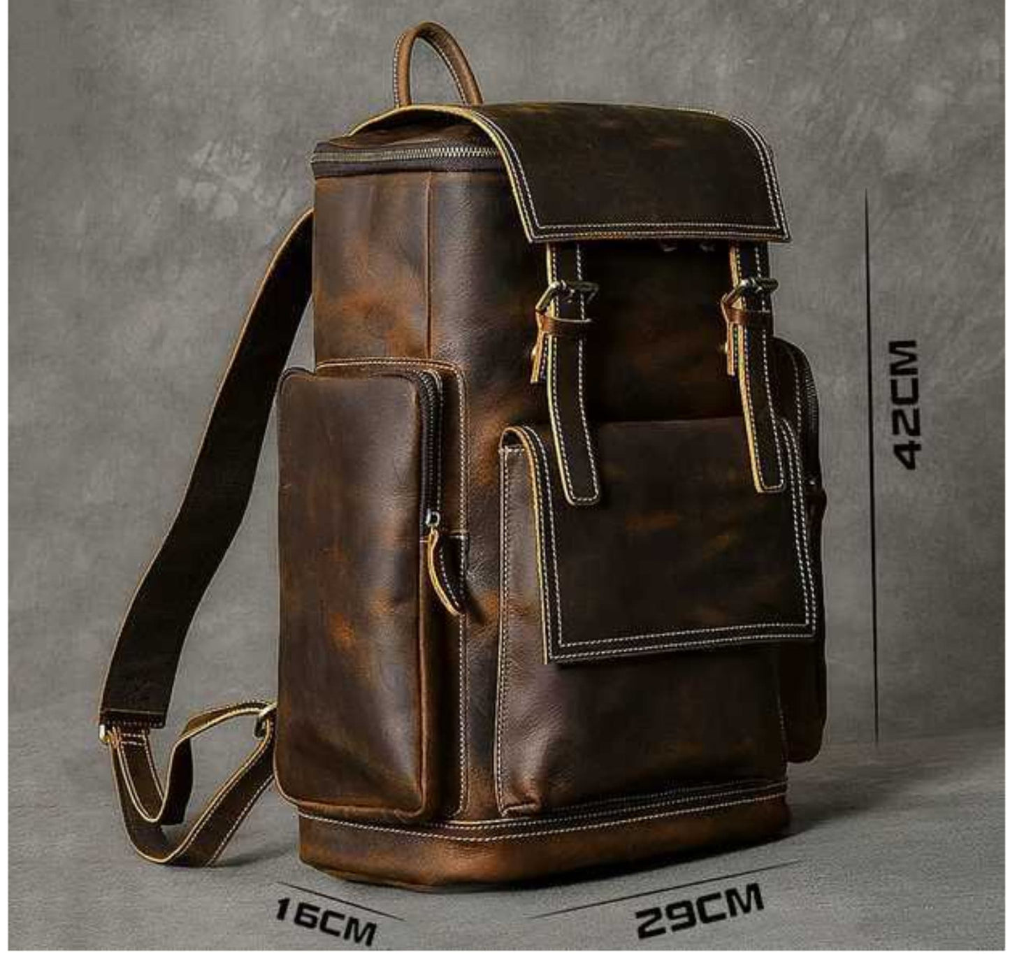 Retro crazy horse leather Men's laptop backpack large capacity in dark brown with measurement details on grey background | Avenue