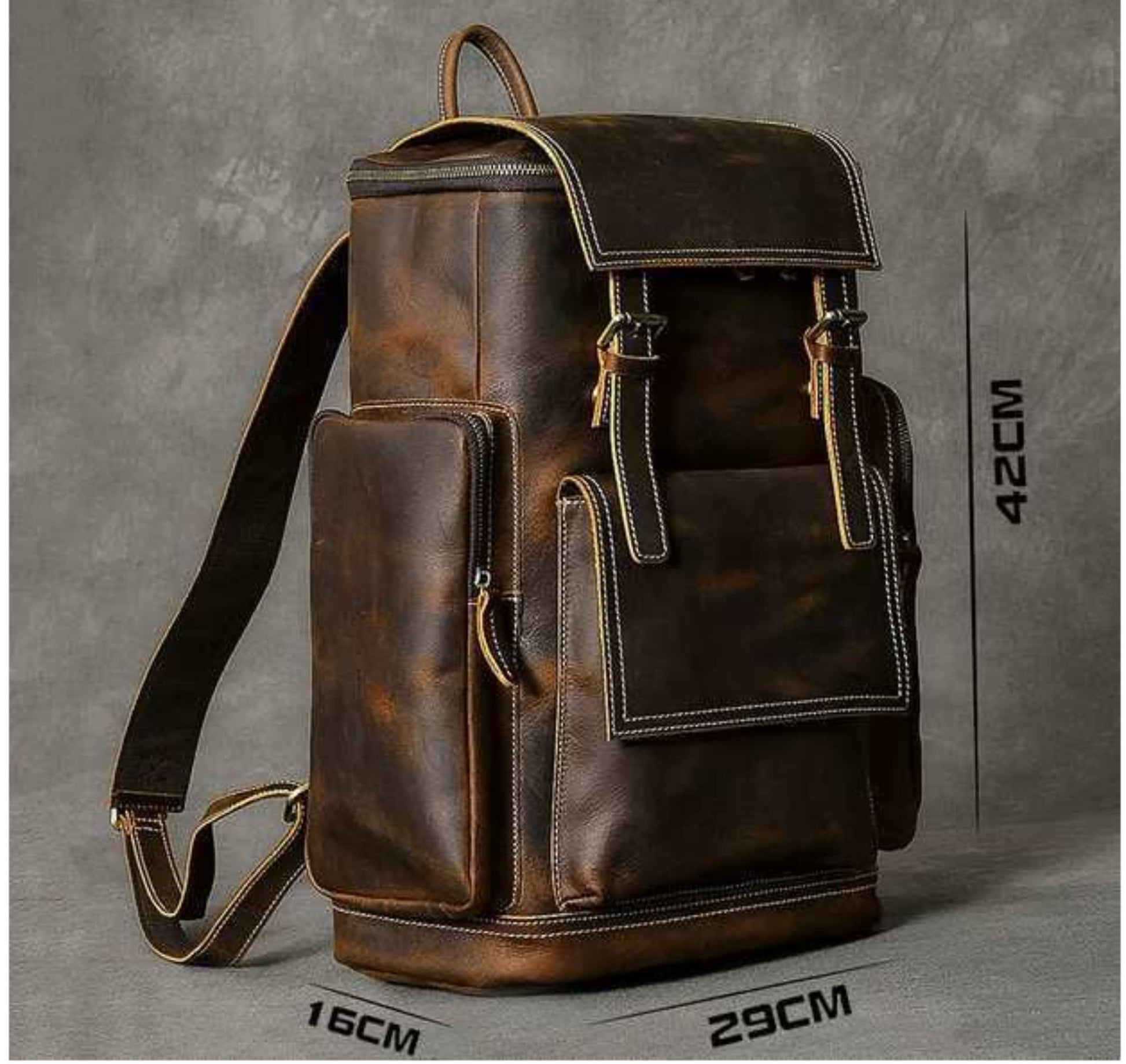 Retro crazy horse leather Men's laptop backpack large capacity in dark brown with measurement details on grey background | Avenue