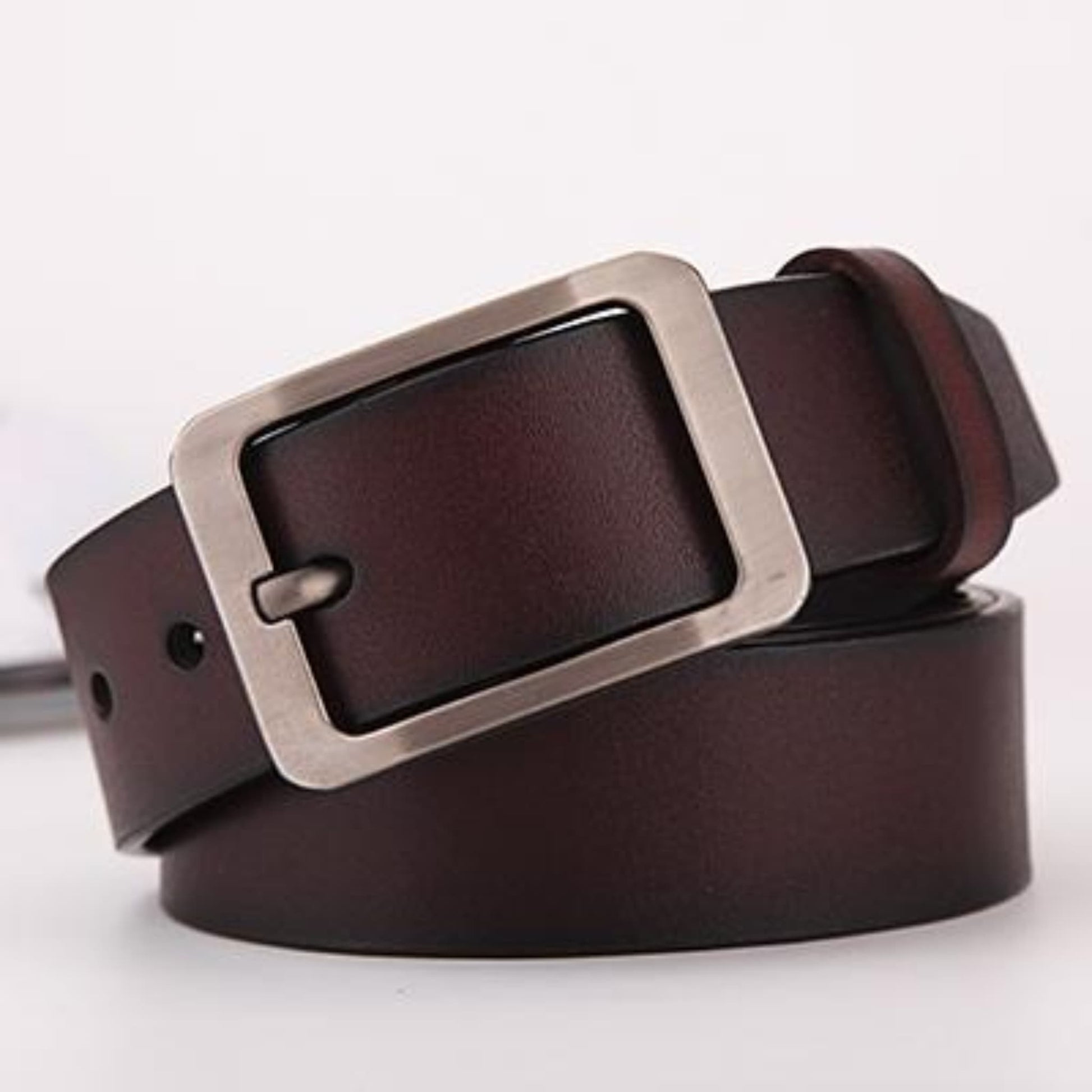 Men's leather belt with silver plain slim pin buckle in coffee on white background | Avenue