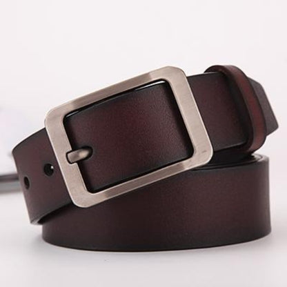 Men's leather belt with silver plain slim pin buckle in coffee on white background | Avenue