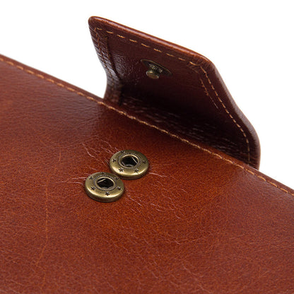 Men's premium RFID protected Maroon long leather wallet buckle clasp,belt and button closure mechanism close up view | Avenue