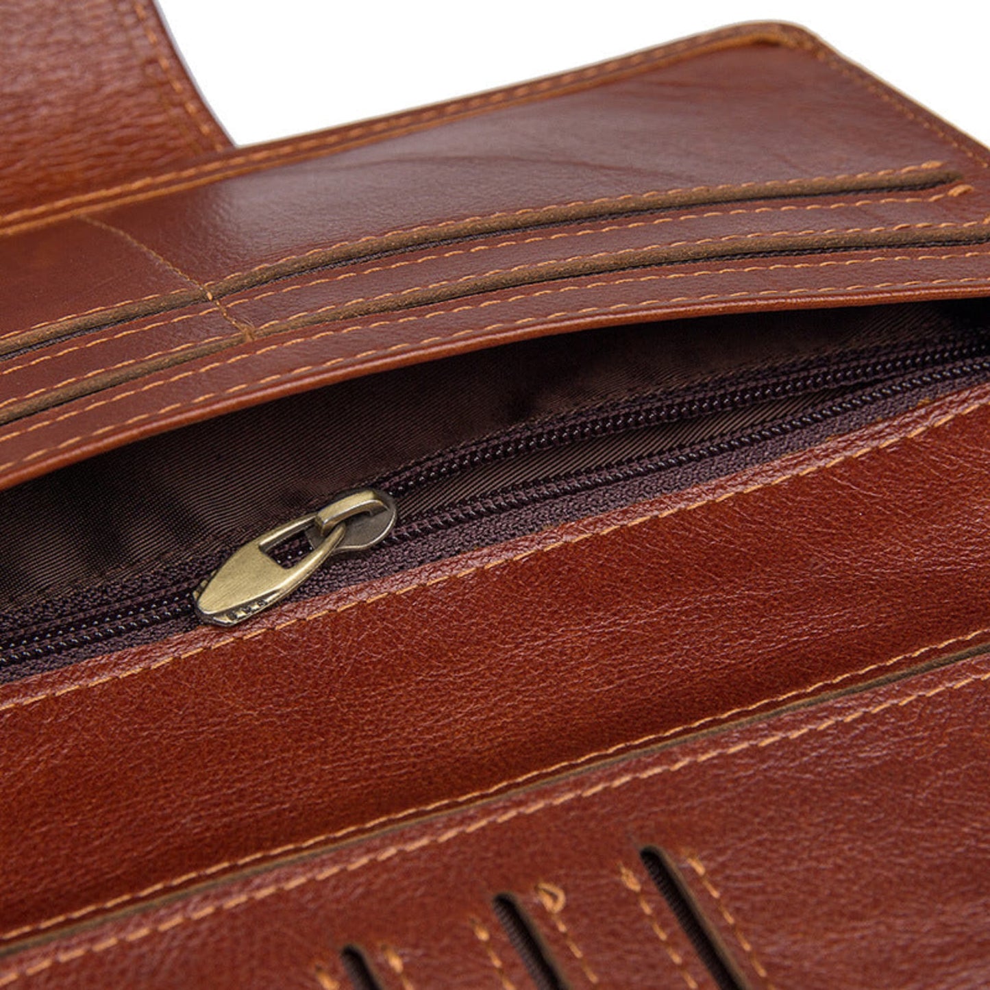 Men's premium RFID protected Maroon long leather wallet showing zipper and cash compartment close up view | Avenue