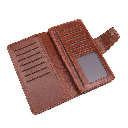 Men's premium RFID protected Maroon long leather wallet fully opened interior layout with cash compartment,photo holder,and multiple card slots | Avenue