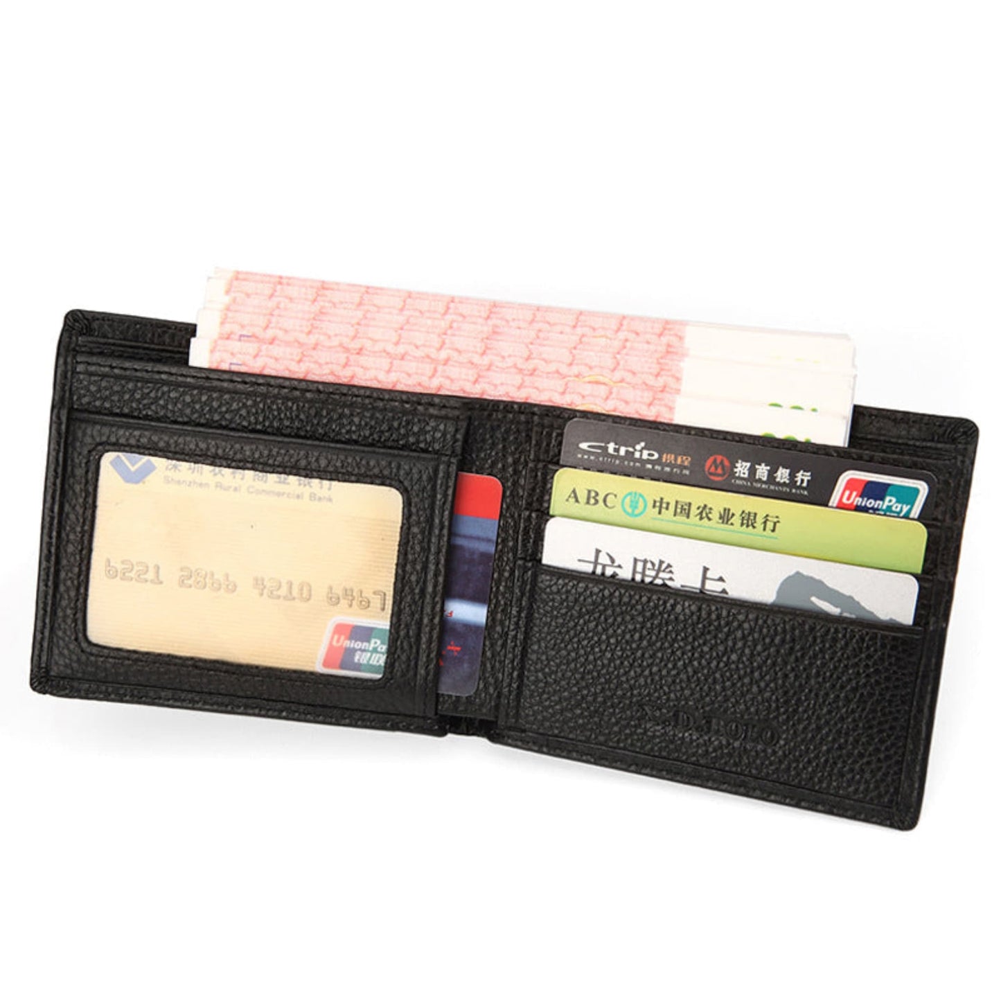 Slim Black Bifold cowhide Leather Wallet for men Open View – Card Slots, Money Compartment and ID Window horizontal shape | Avenue