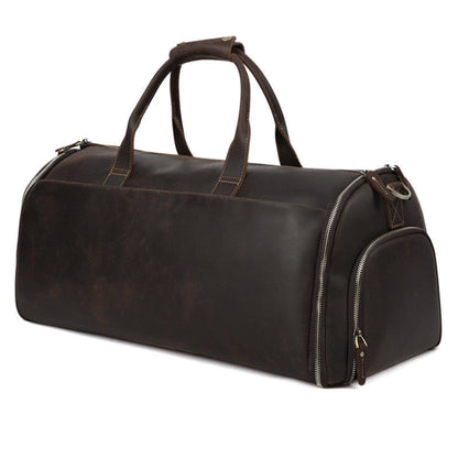 Men's Crazy Horse Leather Retro Duffle Bag – First Layer Cowhide Travel Bag in Coffee, 3/4 angle view on white background showing dual top handles, side end zipper pocket, shoulder strap ring attachment and contrast cream stitching | Avenue