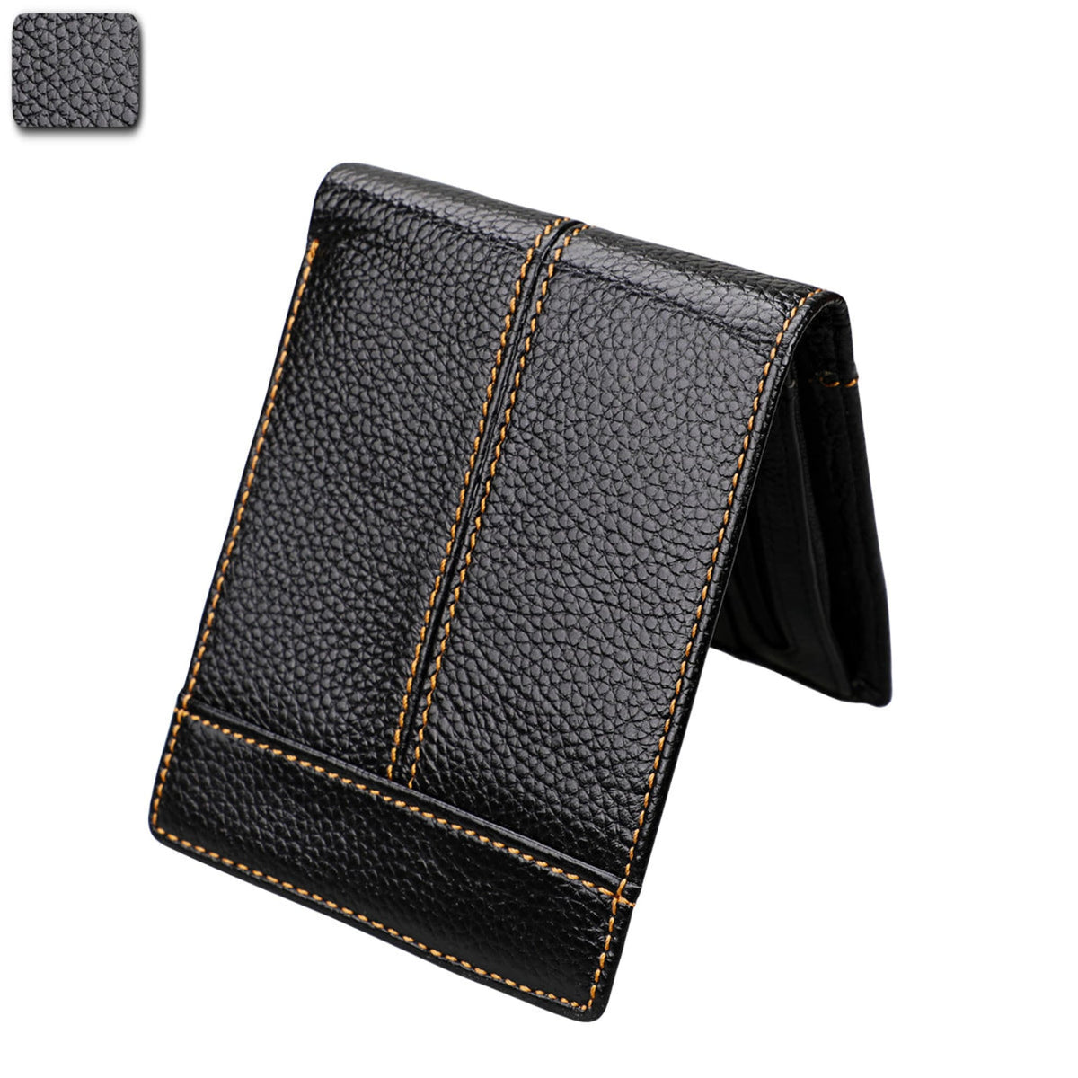 Avenue black RFID Crazy Horse Leather Short Wallet shown partially open, with textured leather and contrast stitching on a white background.