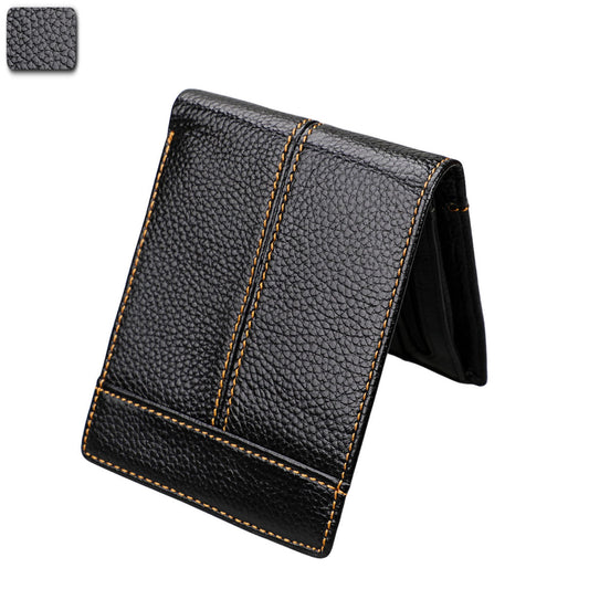 Avenue black RFID Crazy Horse Leather Short Wallet shown partially open, with textured leather and contrast stitching on a white background.