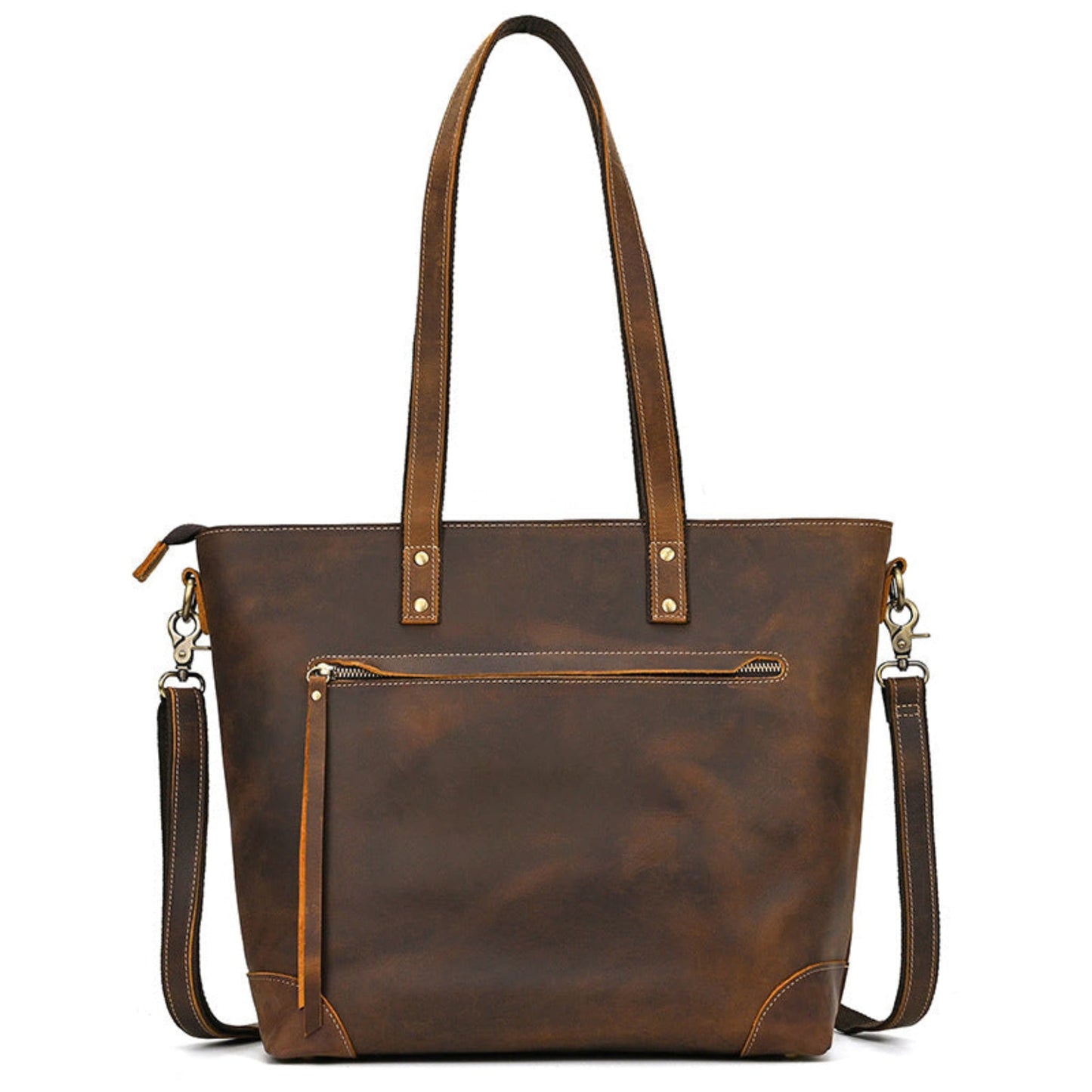 Avenue Crazy Horse Genuine Leather Tote Bag 1097 – Brown, front view, zip pocket, crossbody strap