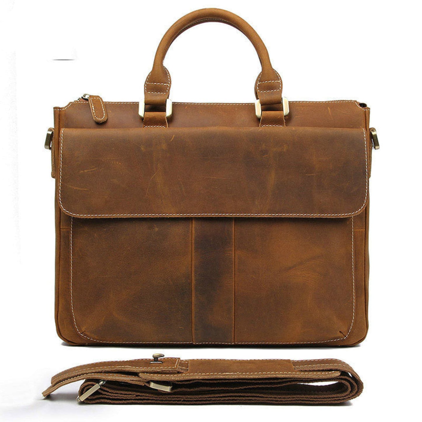 Men's Retro Crazy Horse Leather Crossbody Bag in Light Brown – Front View with Detached Shoulder Strap | Avenue