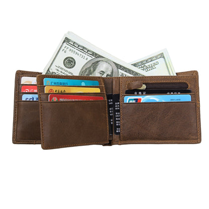 Avenue brown RFID Crazy Horse Leather Short Wallet fully open, showing multiple card slots, cash compartment, and zippered coin pocket on a white background.