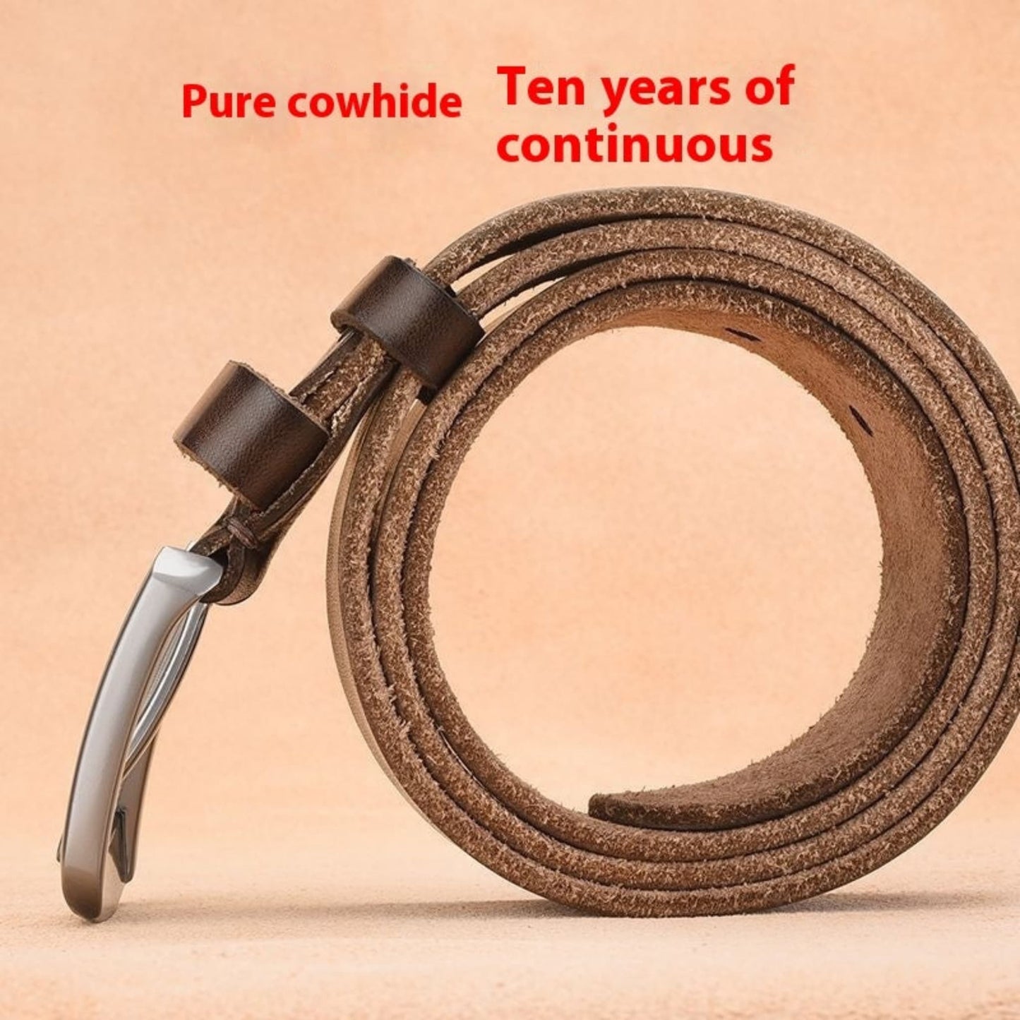Premium Genuine Leather Pin Buckle Belt for Men in Brown — coiled view showing inner suede texture and silver pin buckle on tan background | Avenue