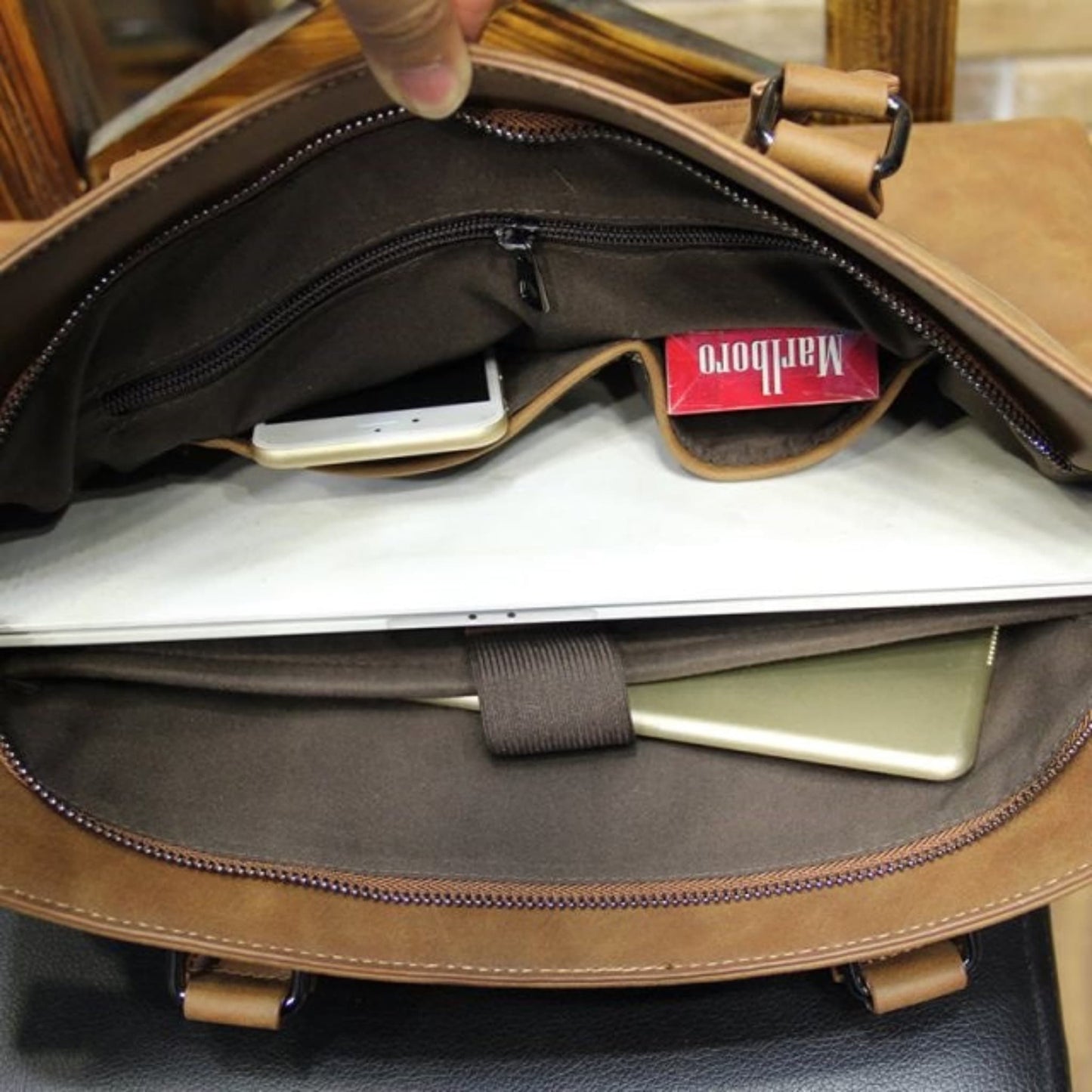 Avenue Crazy Horse Leather Men's Handbag & Laptop Bag – Coffee Vintage Shoulder Bag Interior View Showing Laptop Compartment, Phone Pocket, Cigarette Case and Built-in Organizer Pockets