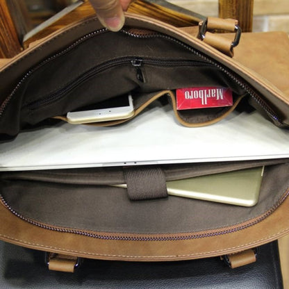 Avenue Crazy Horse Leather Men's Handbag & Laptop Bag – Coffee Vintage Shoulder Bag Interior View Showing Laptop Compartment, Phone Pocket, Cigarette Case and Built-in Organizer Pockets