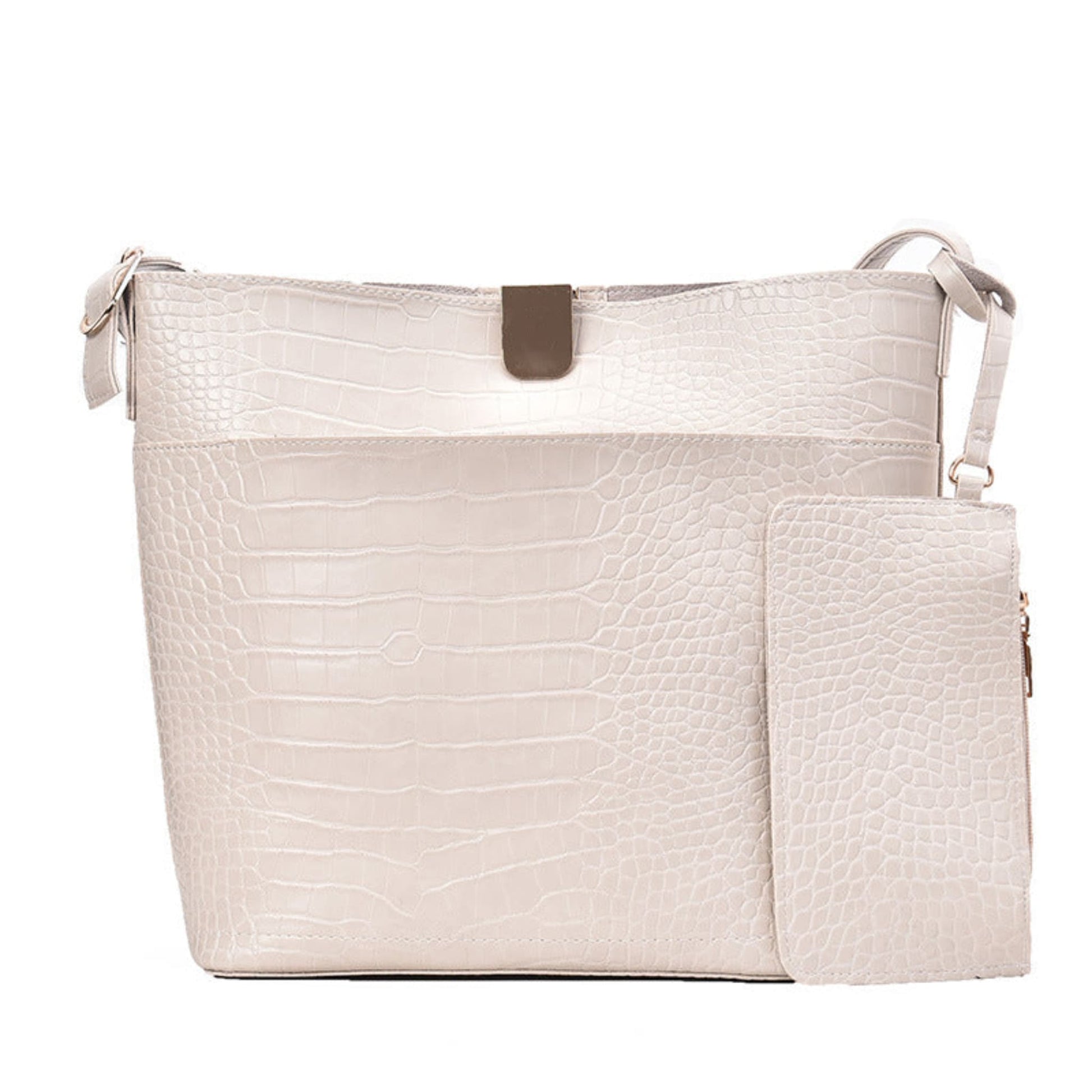 Women's one shoulder bucket bag in white, croc-embossed PU leather with magnetic snap closure, attached mini pouch and silver hardware, white background | Avenue