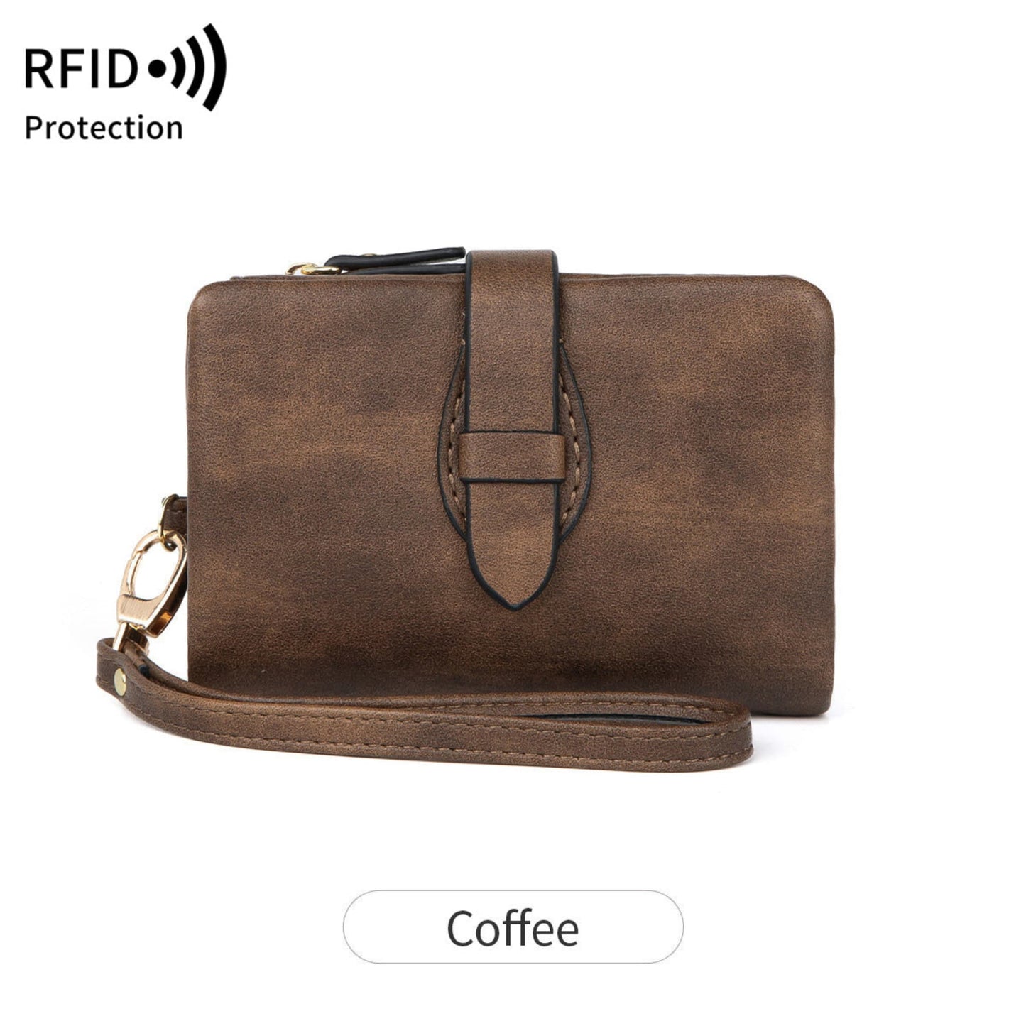 Women's coffee RFID PU leather wallet with wrist strap – Avenue