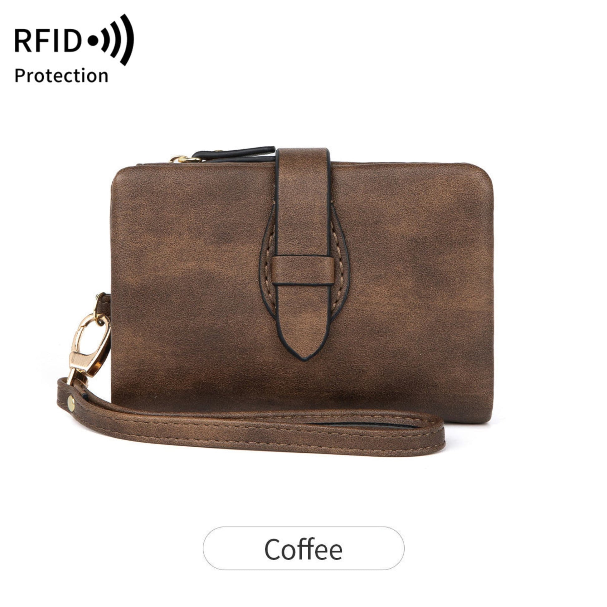 Women's coffee RFID PU leather wallet with wrist strap – Avenue
