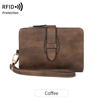 Women's coffee RFID PU leather wallet with wrist strap – Avenue