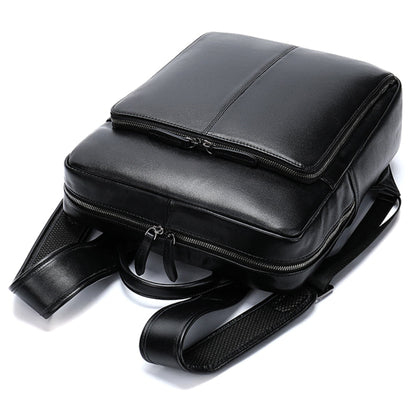 Unisex black casual multi-pocket full-grain leather laptop backpack upgrade style lying on white background showing zipper opening of two compartments | Avenue