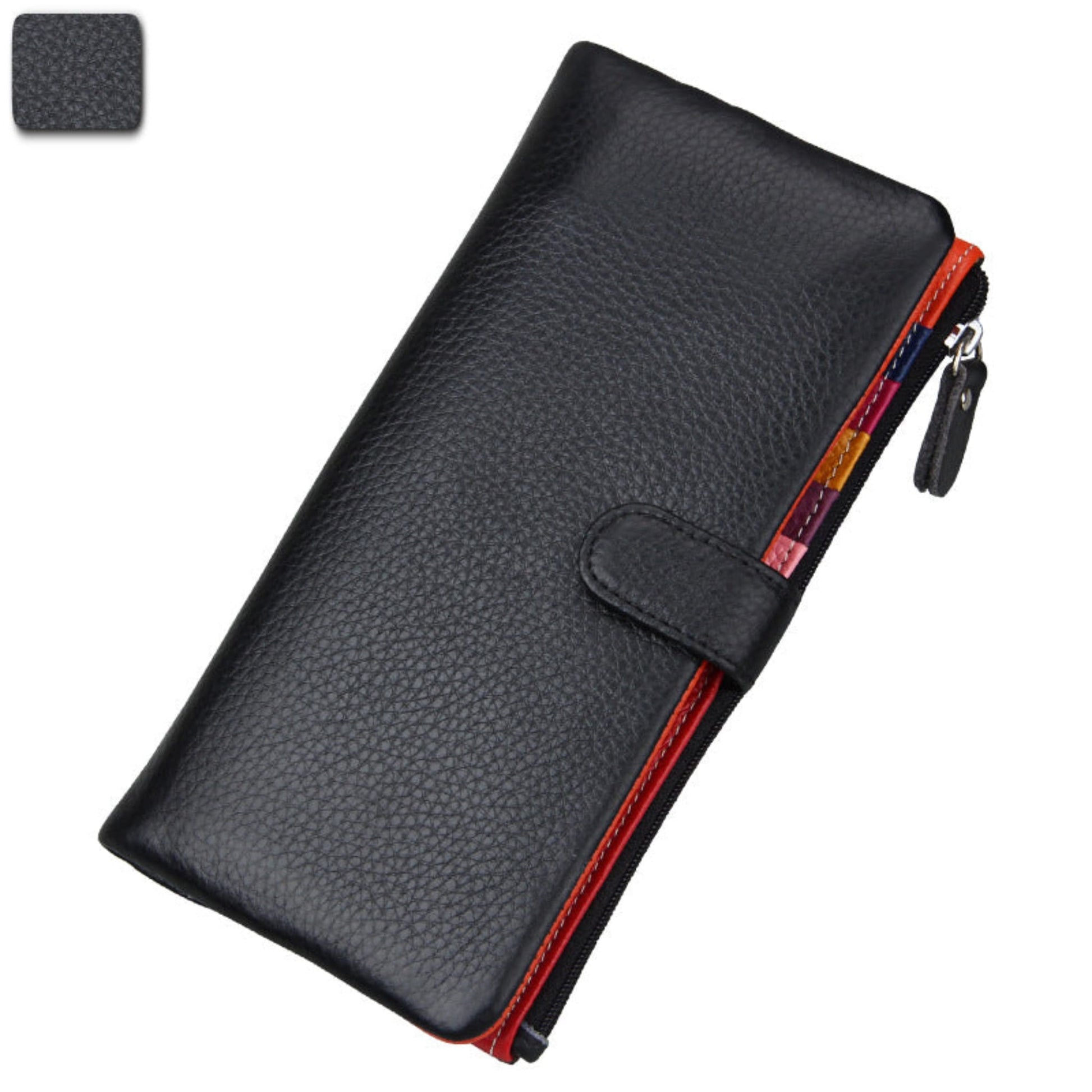 Women's RFID blocking genuine cowhide long leather wallet in black with zipper and buckle closure front view | Avenue