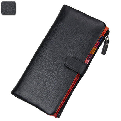 Women's RFID blocking genuine cowhide long leather wallet in black with zipper and buckle closure front view | Avenue