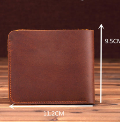 Men's Handmade Crazy Horse Leather Wallet in brown — closed front view with dimensions 11.2cm x 9.5cm annotated, horizontal style on a wooden surface | Avenue
