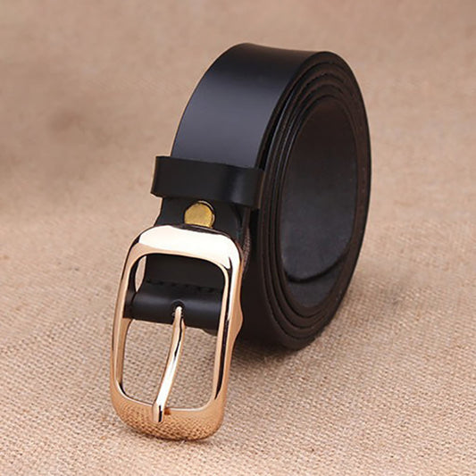 Women's black leather fashion belt with gold buckle, coiled upright with buckle facing forward – Avenue