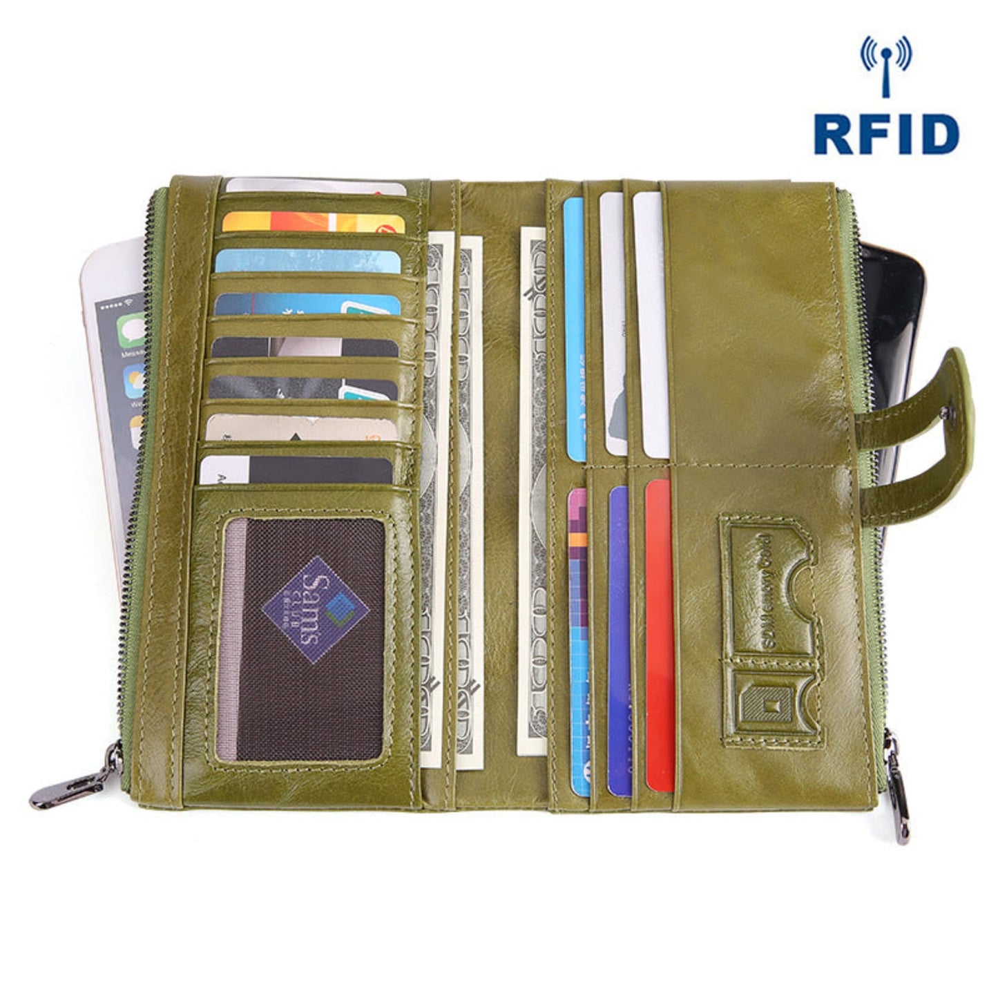 Women's RFID Long Leather Wallet first layer cowhide in Green interior showing card slots, money compartment and ID window – Avenue