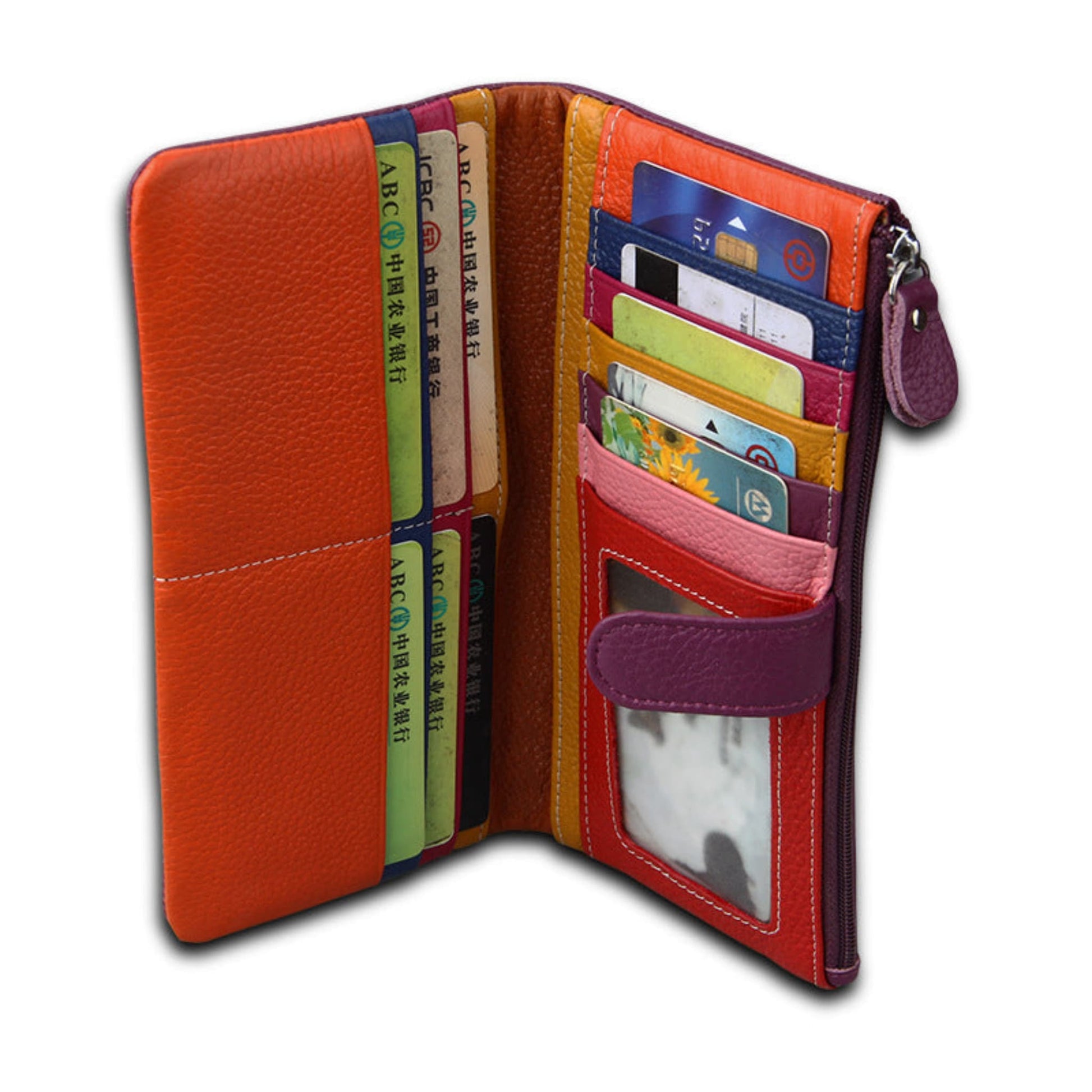 Women's RFID blocking genuine cowhide long leather wallet showing cards in slots, photo holder, zipper compartment and buckle closure | Avenue