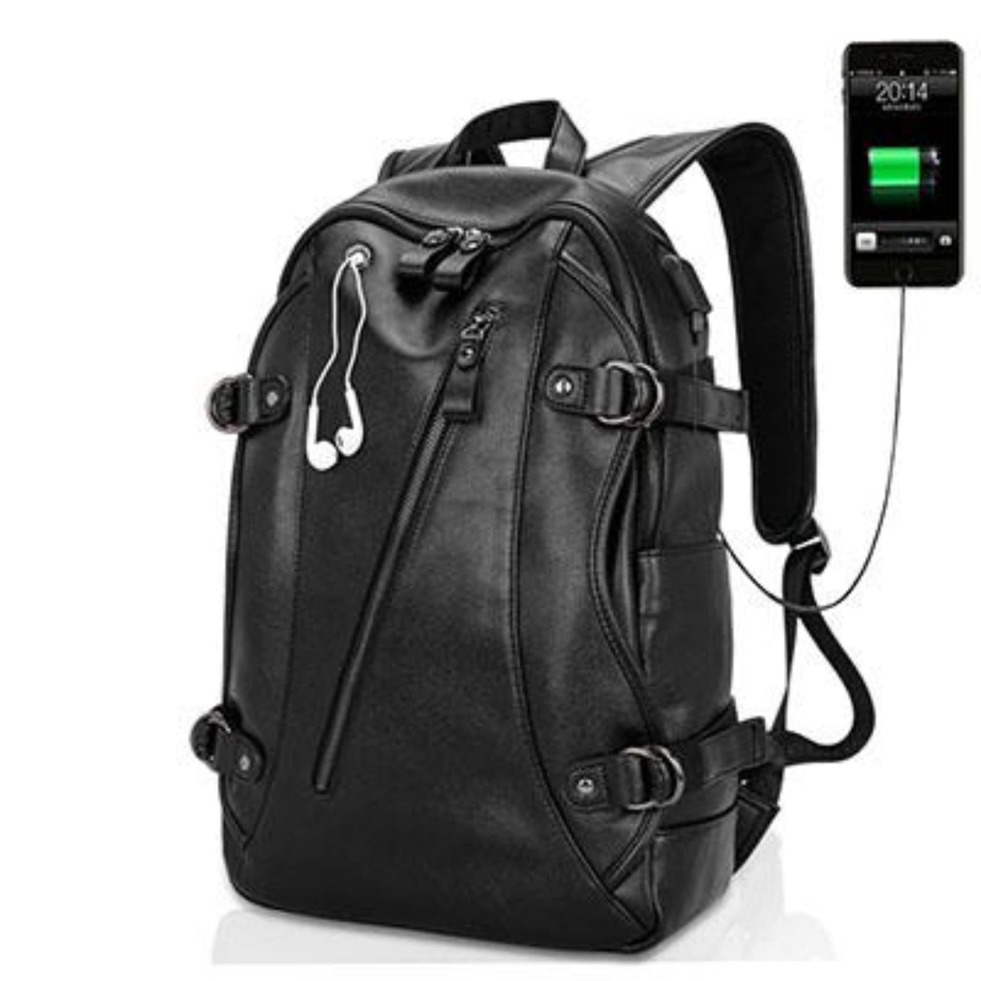 Men's leather backpack with USB charging port in black showing USB port and earbuds with white background – front view | Avenue
