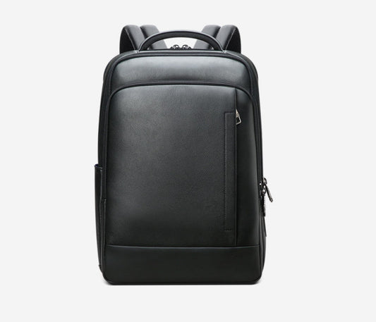 Men's full grain black cowhide leather laptop backpack — front view | Avenue