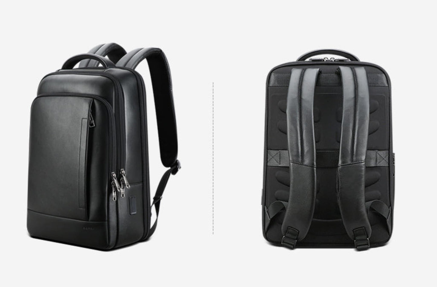 Men's full grain black cowhide leather laptop backpack — side zipper view and back padded straps   view | Avenue