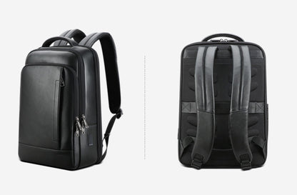 Men's full grain black cowhide leather laptop backpack — side zipper view and back padded straps   view | Avenue