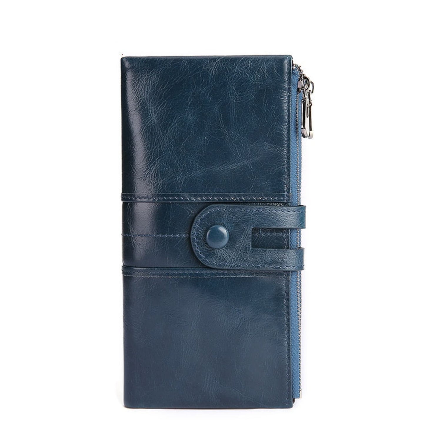 Women's RFID Long Leather Wallet first layer cowhide in Blue with Fastening Strap and Zipper — upright view | Avenue