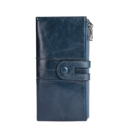 Women's RFID Long Leather Wallet first layer cowhide in Blue with Fastening Strap and Zipper — upright view | Avenue