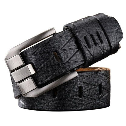 Men's double-layer cowhide black leather belt with silver buckle on white background | Avenue