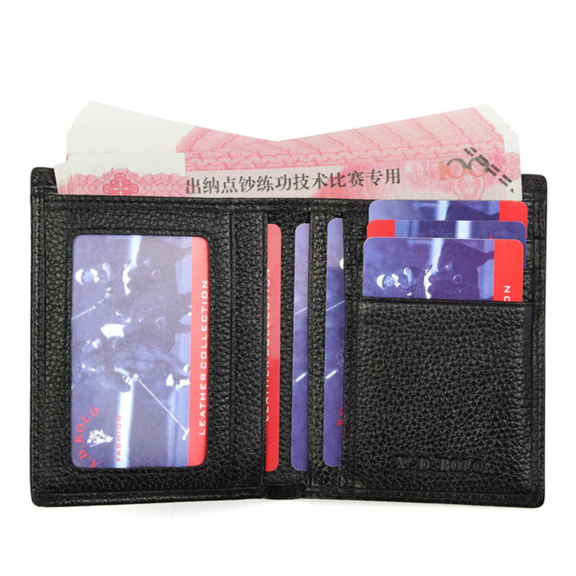 Slim Black Bifold cowhide Leather Wallet for men Open View – Card Slots, Money Compartment and ID Window vertical shape | Avenue