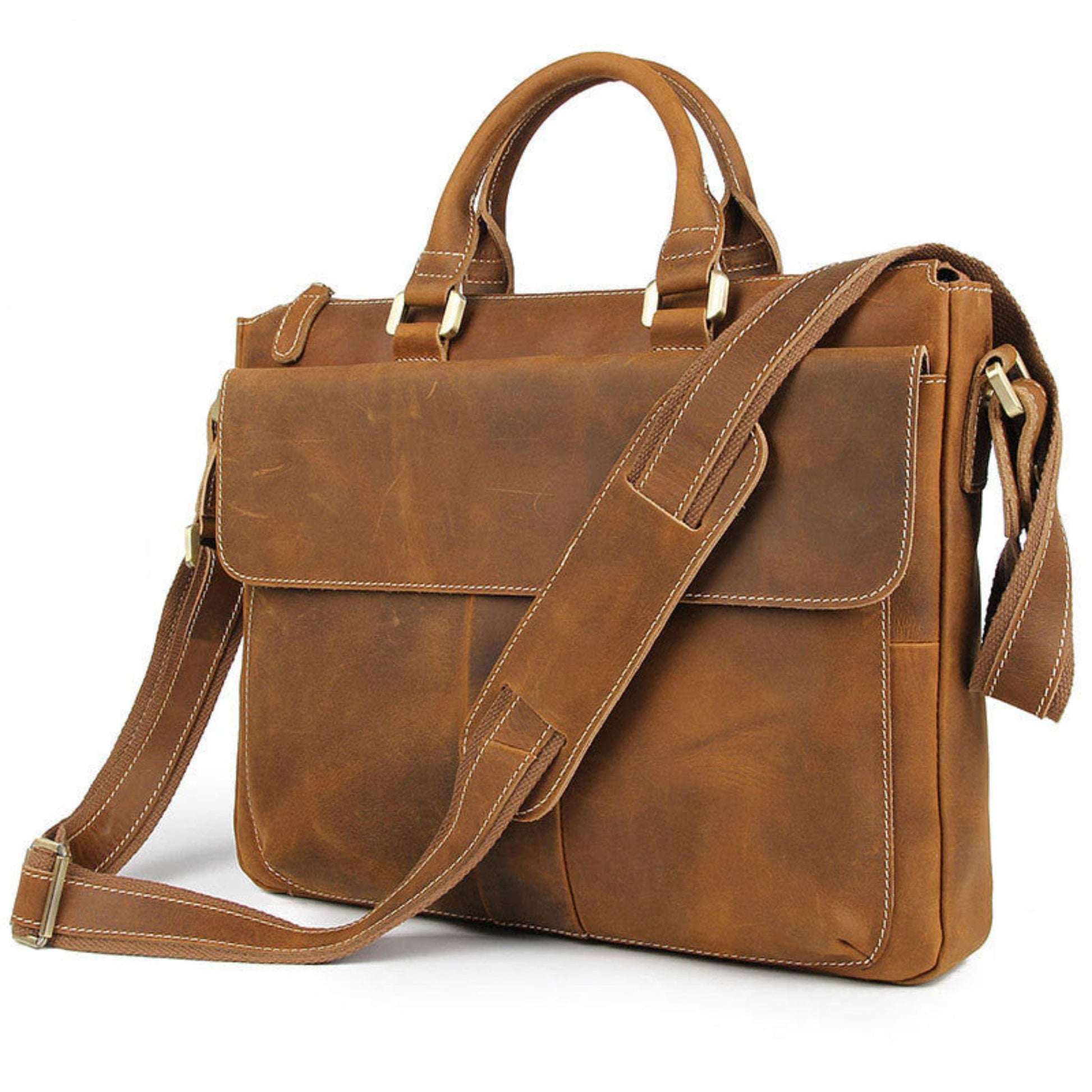 Men's Retro Crazy Horse Leather Crossbody Bag in Light Brown – Front Angle View with Shoulder Strap | Avenue