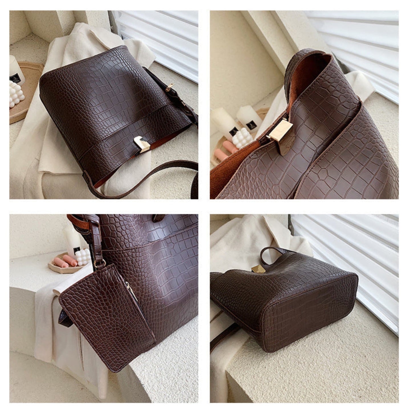Women's one shoulder bucket bag in coffee, croc-embossed PU leather — four-panel detail view showing magnetic snap closure, tan interior, attached mini pouch with zipper, and structured base | Avenue