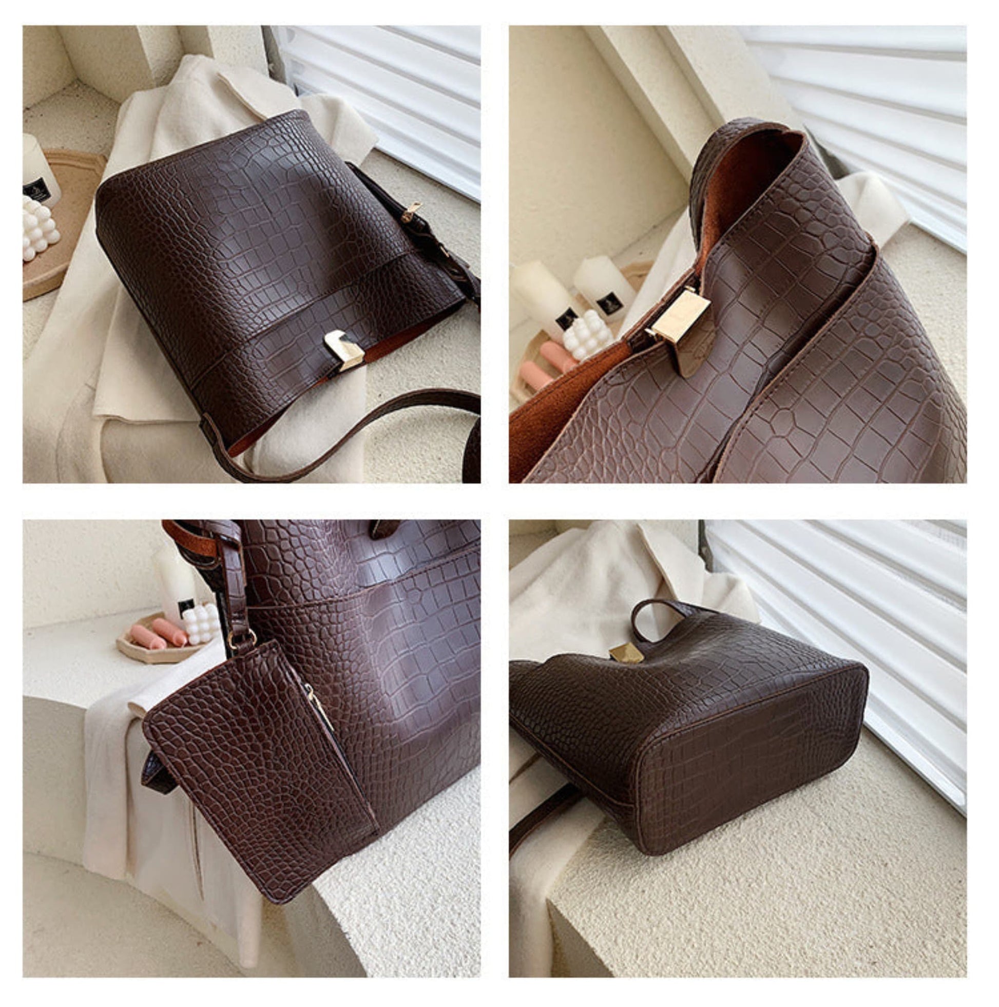 Women's one shoulder bucket bag in coffee, croc-embossed PU leather — four-panel detail view showing magnetic snap closure, tan interior, attached mini pouch with zipper, and structured base | Avenue