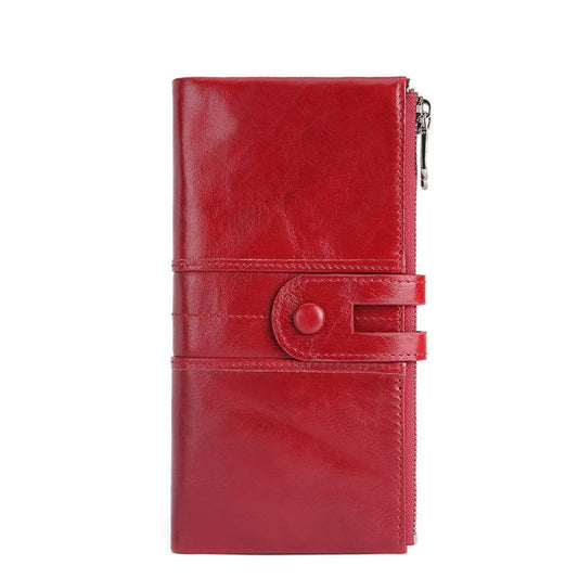 Women's RFID  Long Leather Wallet first layer cowhide in Red with Fastening Strap and Zipper – Avenue