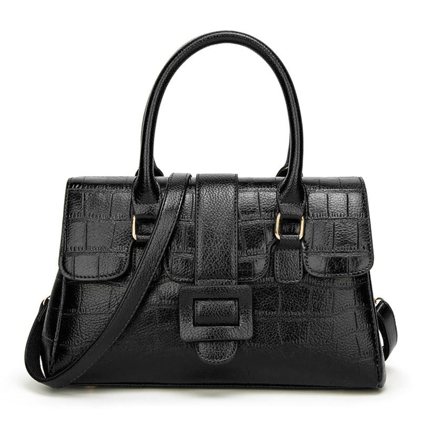 Women's Crocodile Pattern Leather Handbag in Black with Top Handles and Crossbody Strap – Front View | Avenue