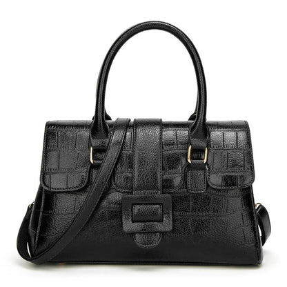 Women's Crocodile Pattern Leather Handbag in Black with Top Handles and Crossbody Strap – Front View | Avenue